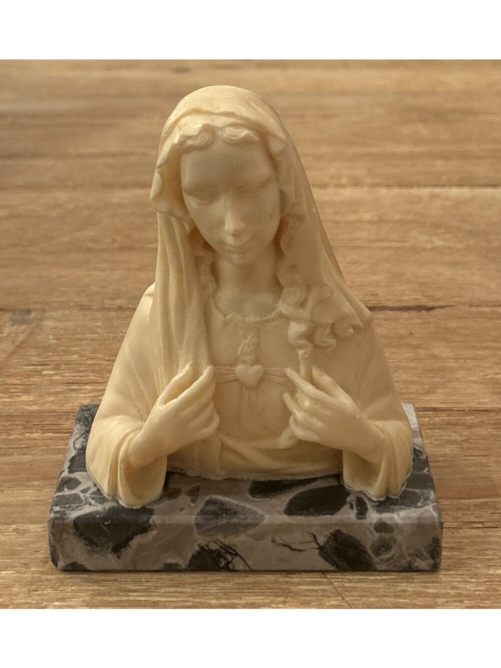 Hand Carved Celluloid Bust Of The Virgin Mary on Marble Stone Base Italy 5.5" H